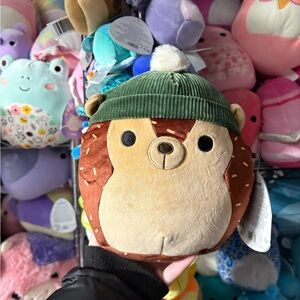 Hans the brown hedgehog with green beanie squishmallow NWT 7in